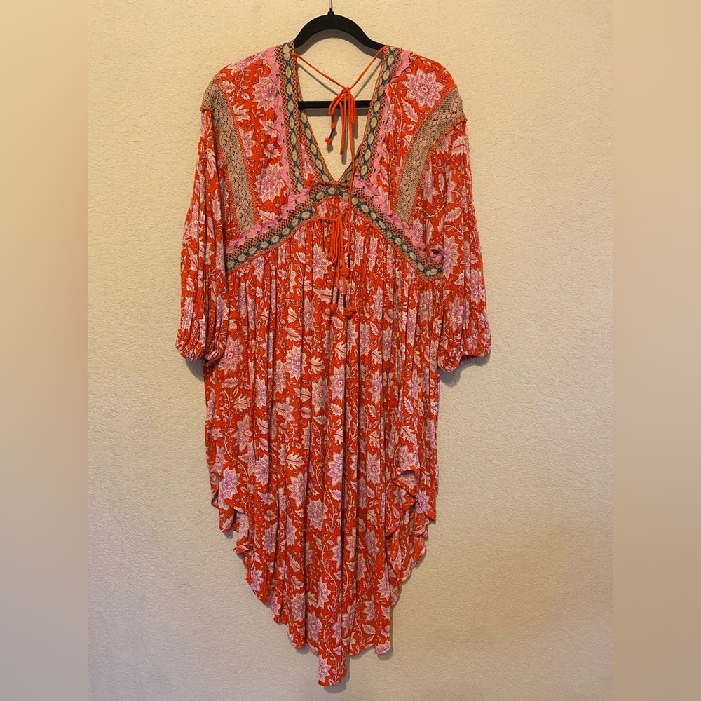 Free People High-Low Puff Sleeve Tie Back Dress Tunic Moon Child Maxi Top Sz L - Picture 3 of 10